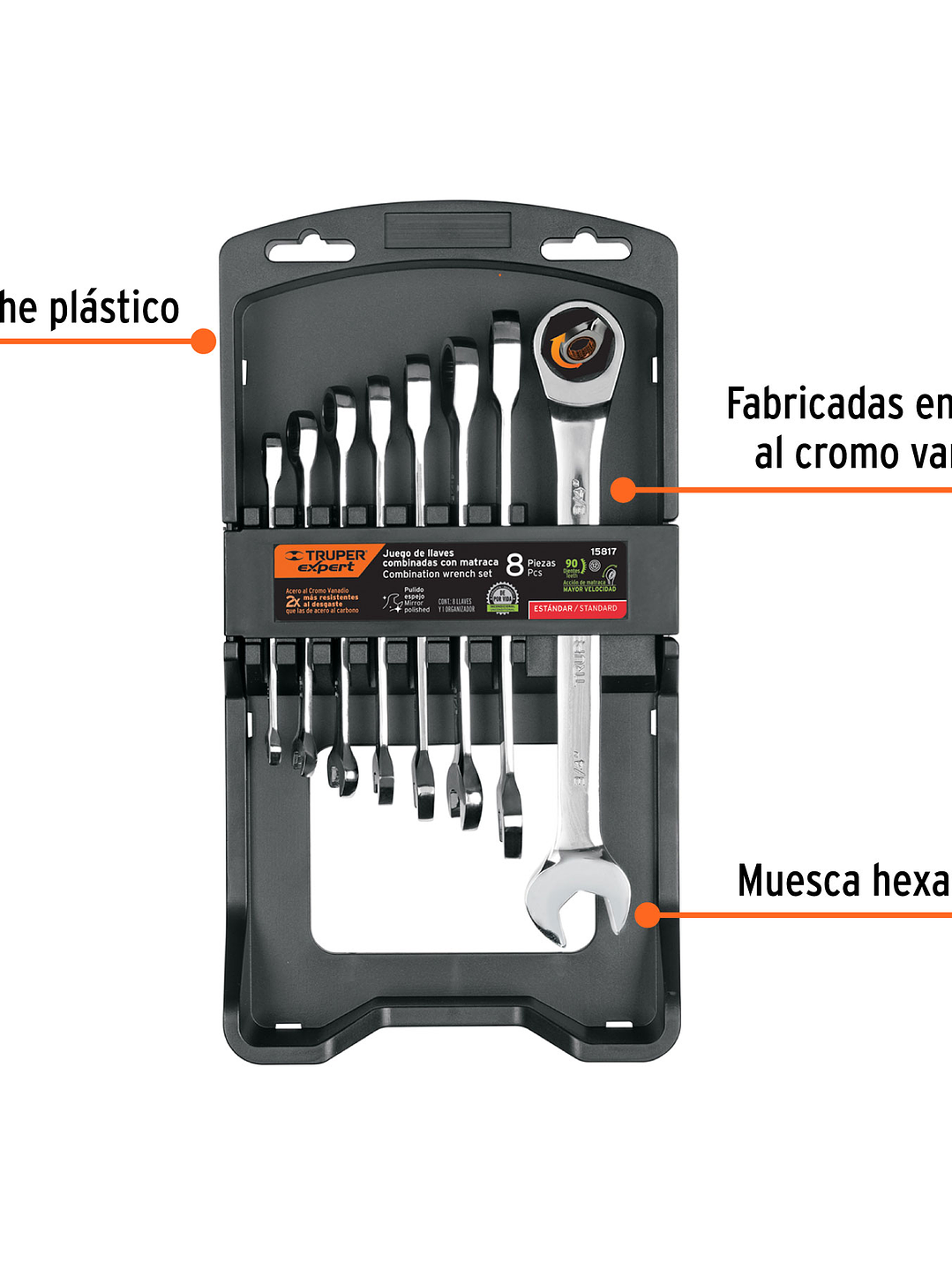 Juego de 8 llaves combinadas std pulidas con matraca, TRUPER 15817 2