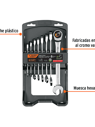 Juego de 8 llaves combinadas std pulidas con matraca, TRUPER 15817