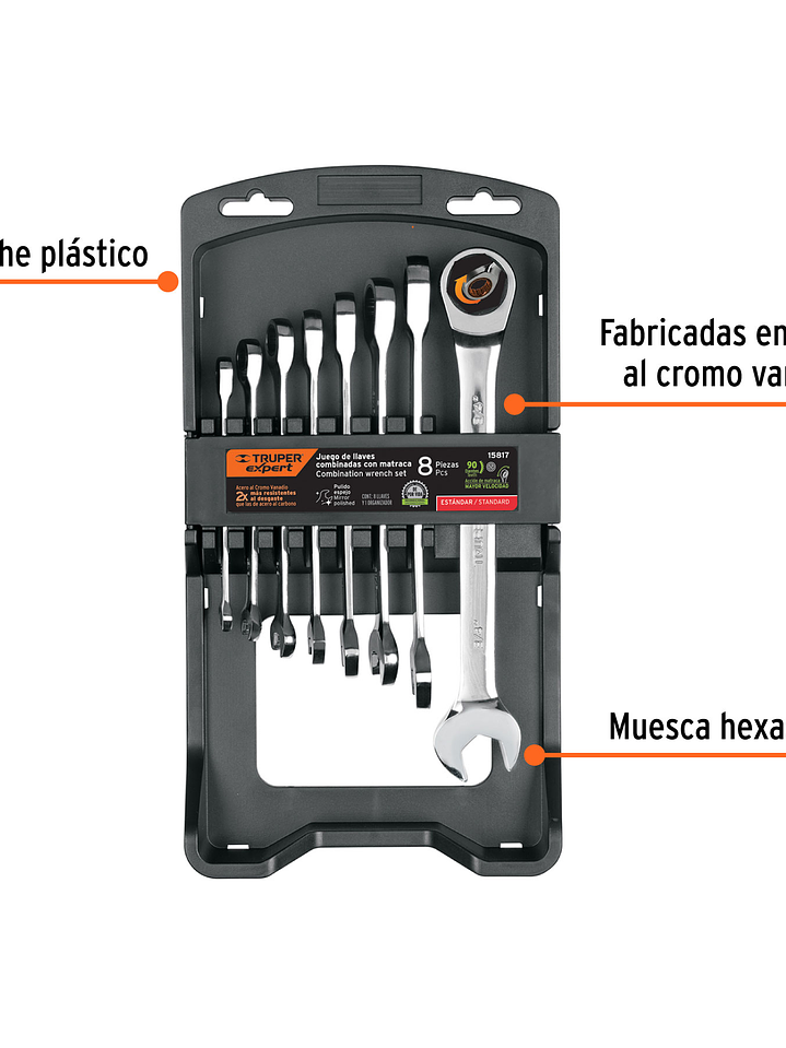 Juego de 8 llaves combinadas std pulidas con matraca, TRUPER 15817 2