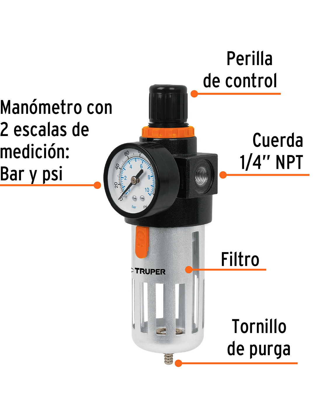 Filtro y regulador, presión de aire, cuerda 1/4