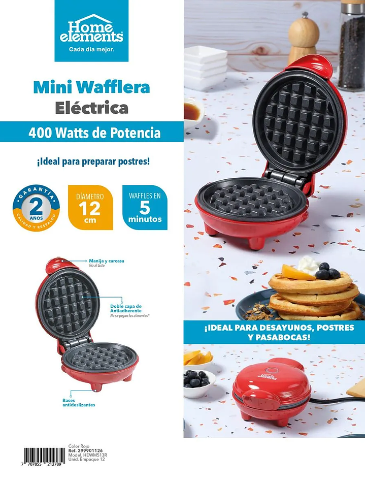 Mini Wafflera Roja home elements hewm513r 3