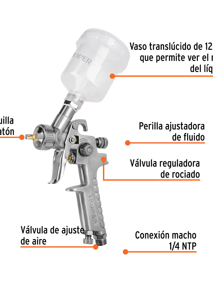 Pistola p/retoque gravedad HVLP vaso plástico, 1 mm, TRUPER 5