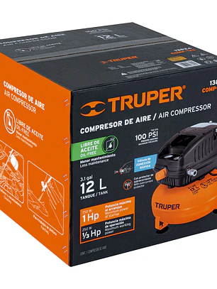 Compresor libre de aceite, 12L, 1HP, 127V, TRUPER 13824