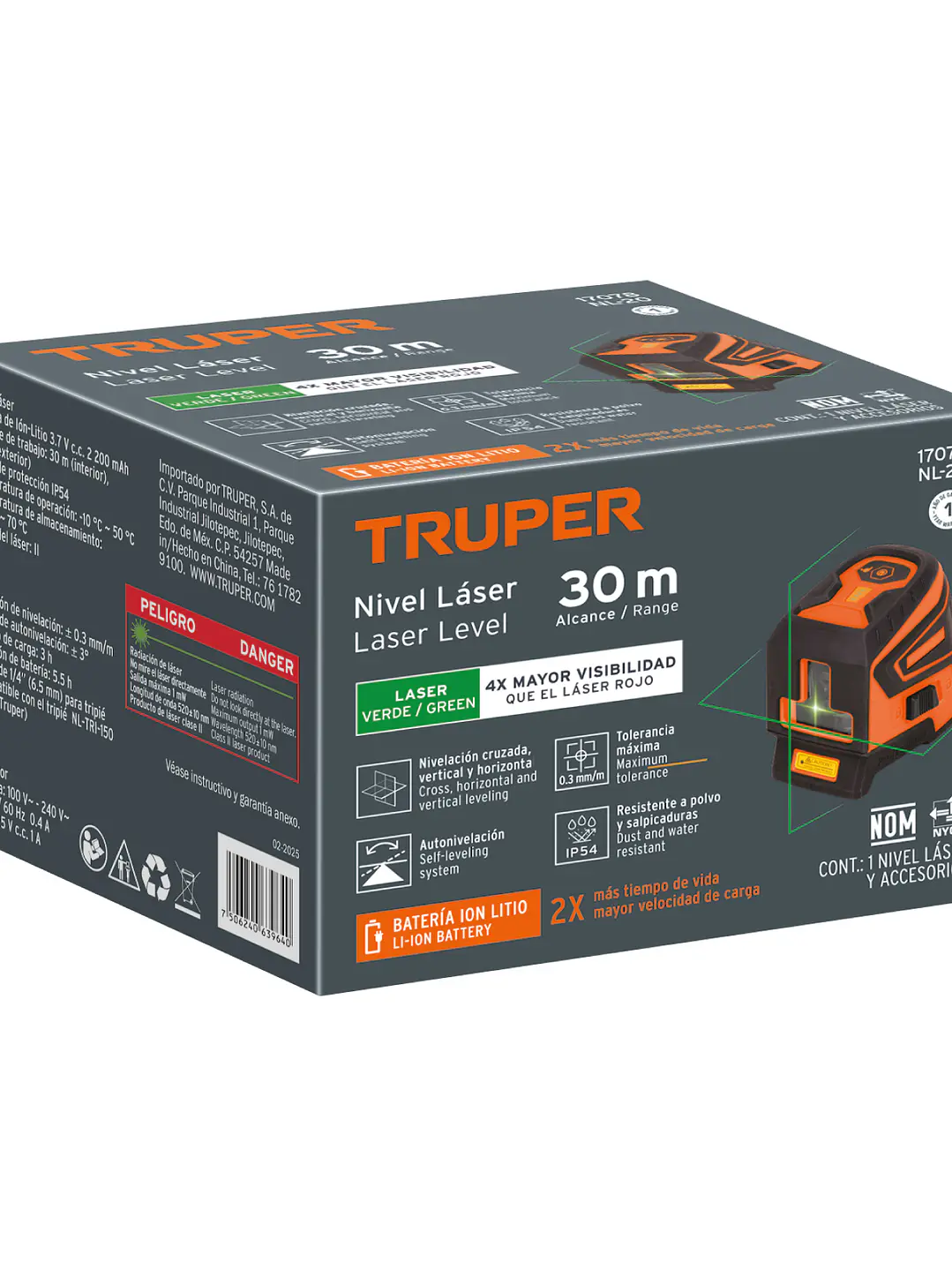Nivel láser verde, alcance 30 m, recargable, TRUPER 1