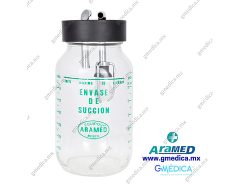 Frasco de Vidrio 1 litro Aramed para Succión con Tapa de hule, Niples y Flotador 902407