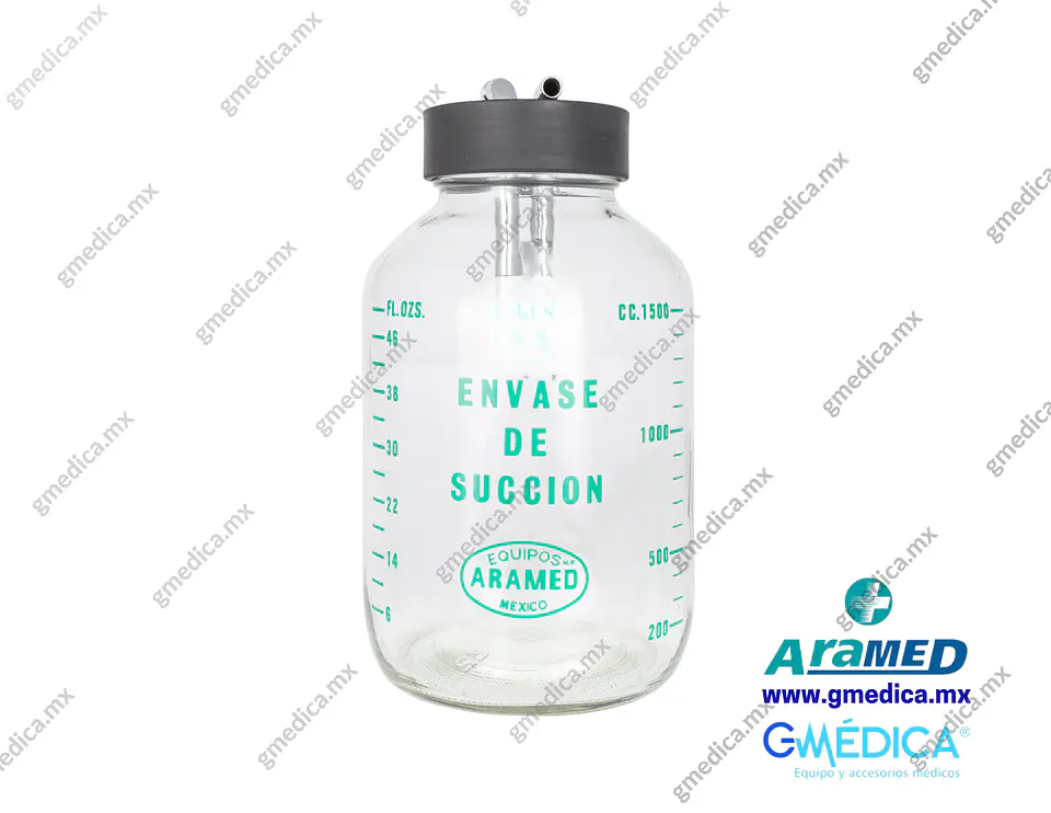 Frasco de Vidrio 1.78 litro Aramed para Succión con Tapa de hule y Niples 902404 1