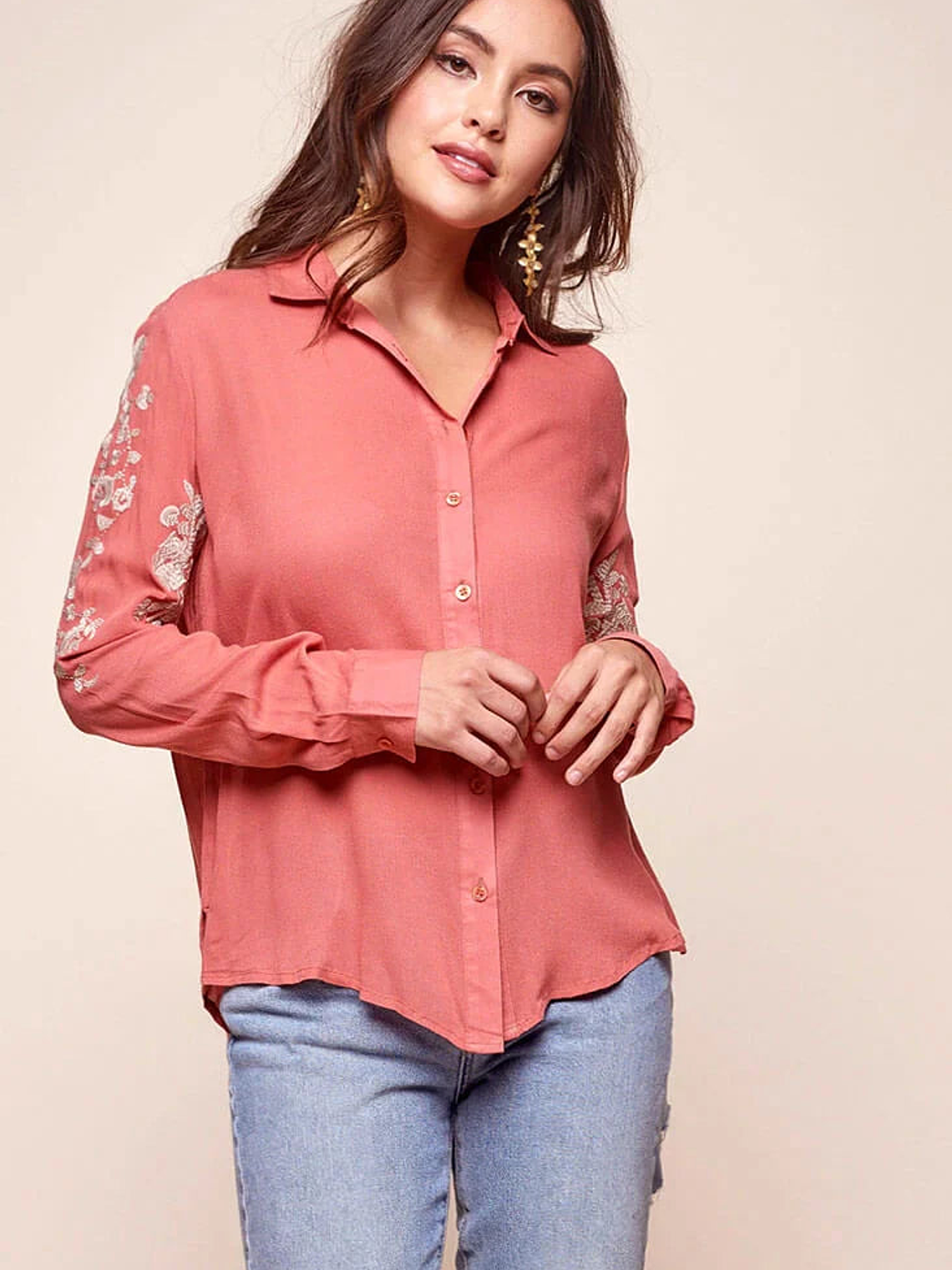 Issa Floral Sleeved Button Up Top Rust 2