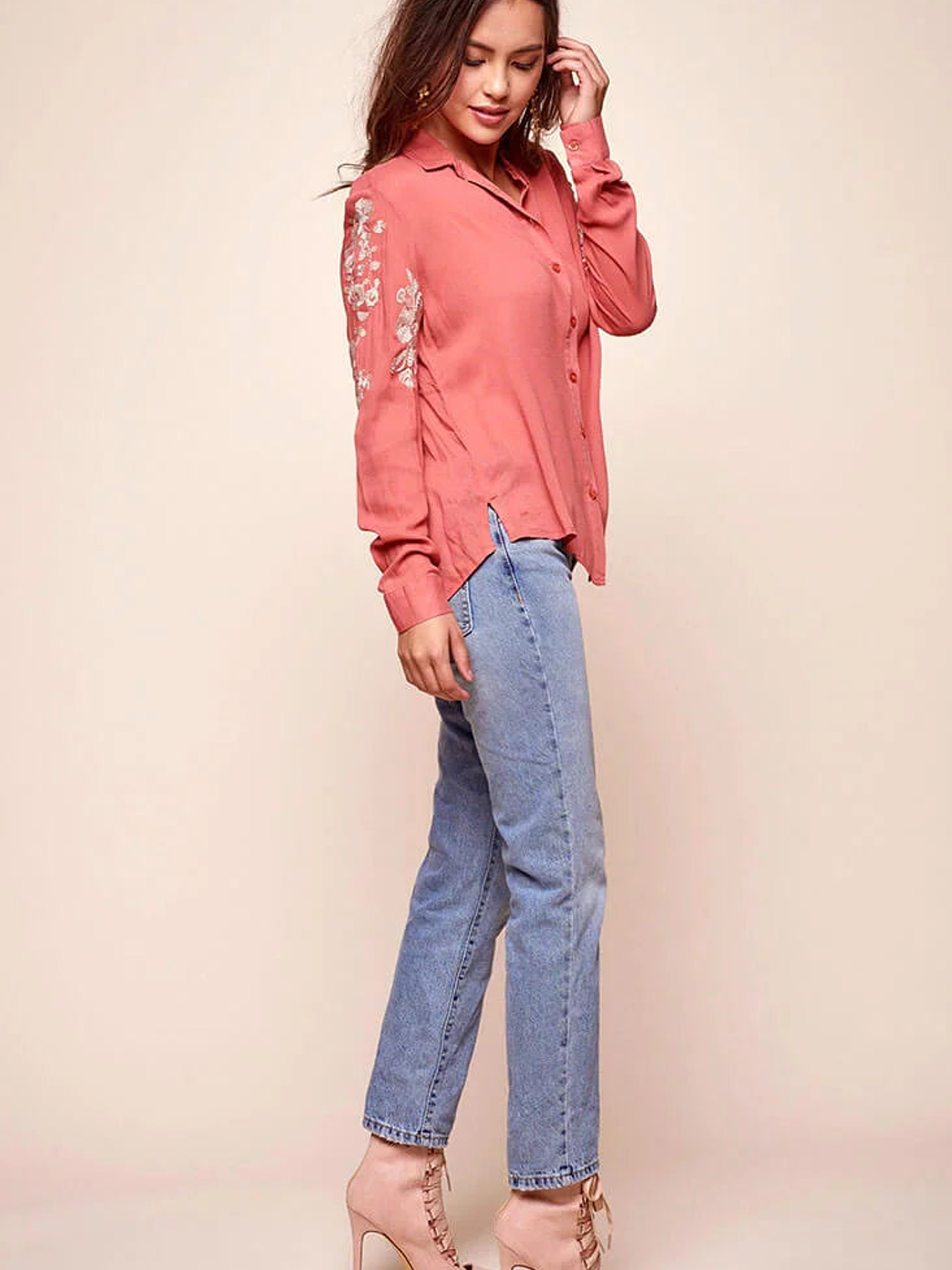 Issa Floral Sleeved Button Up Top Rust 4