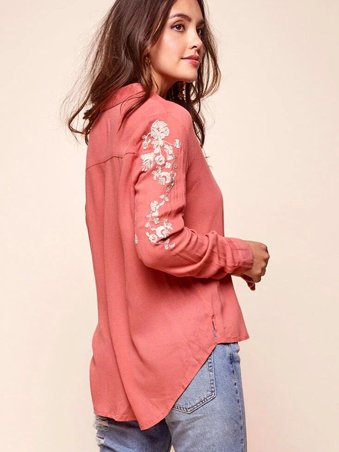 Issa Floral Sleeved Button Up Top Rust 5