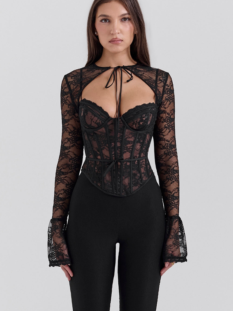 haut corset en dentelle noire avec boléro 1