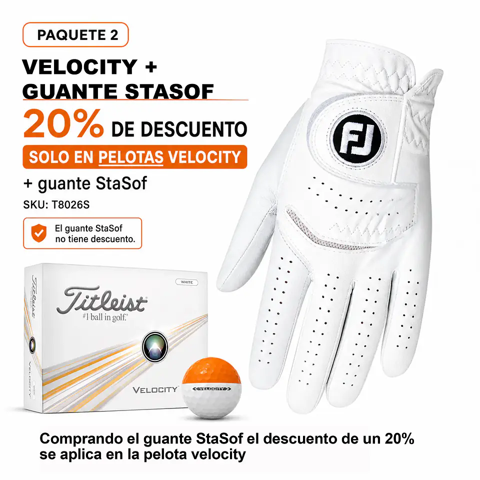 Pack 2: Guante Stasof + 20% de descuento en pelotas Titleist Velocity  1