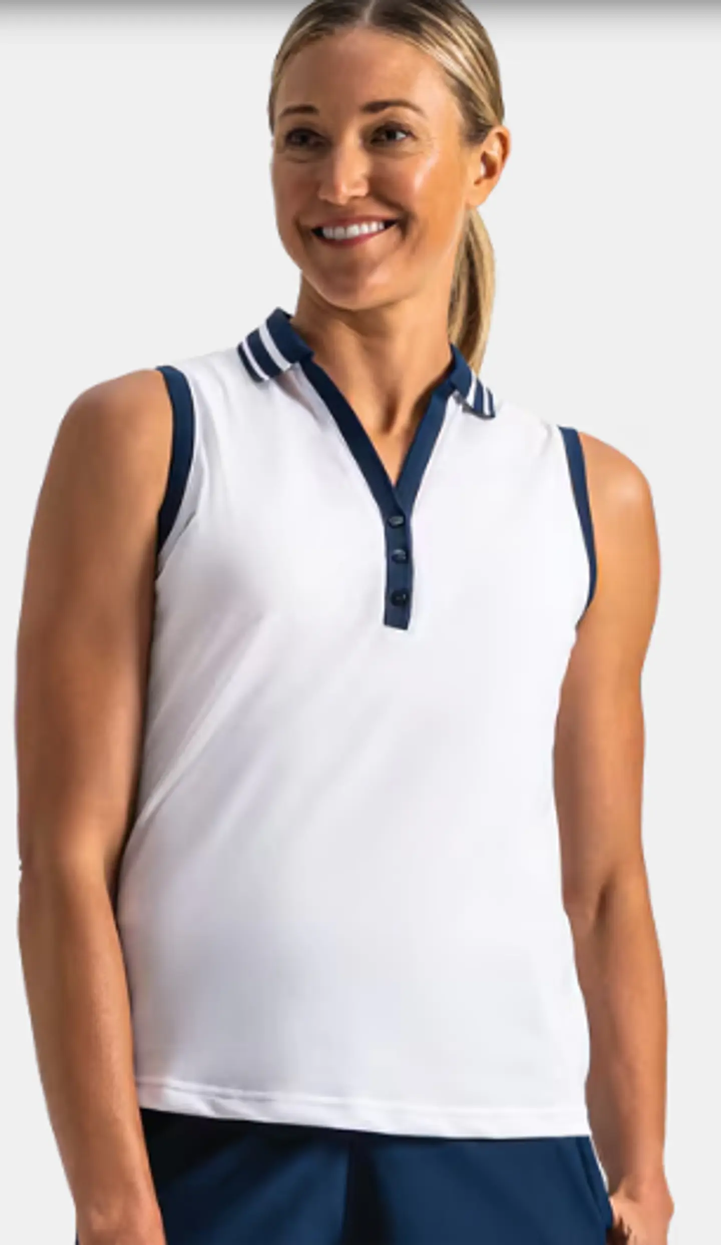 Polera polo de mujer sin mangas con cuello en V blanco  1