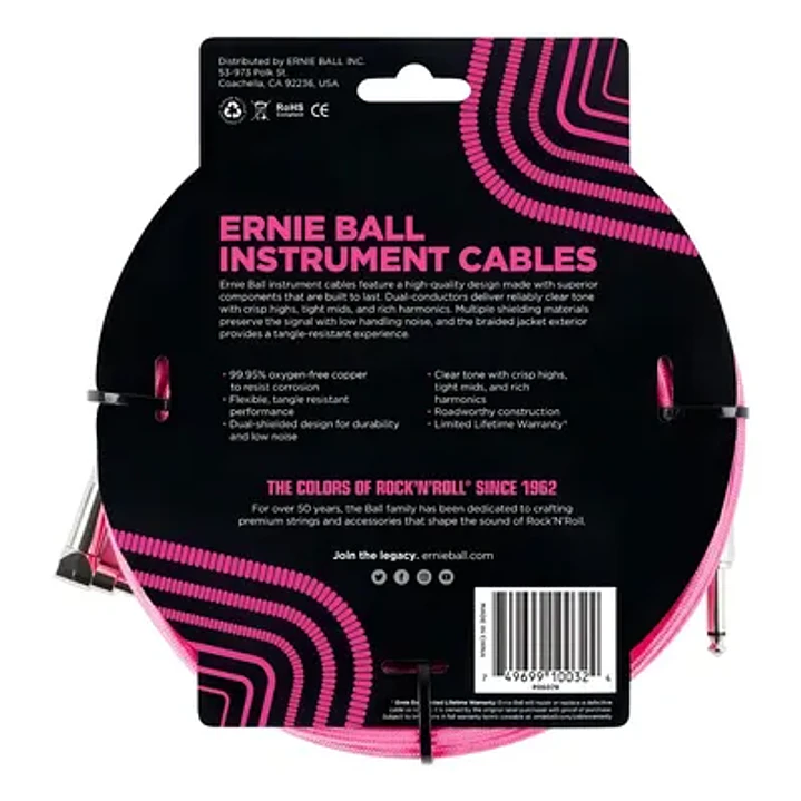 Cable instrumento textil ernie ball P06078 Pink TS-TS/L 3m 4