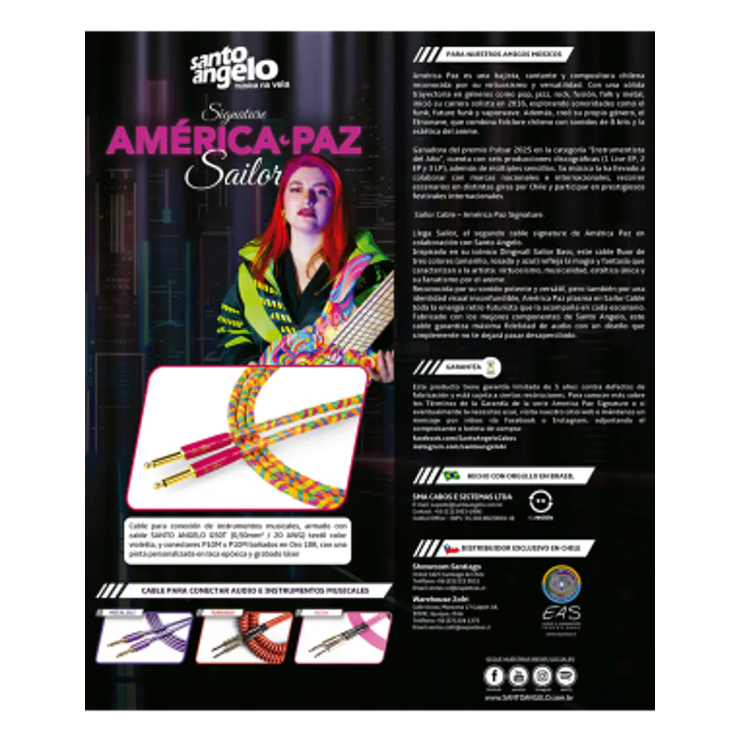 Cable guitarra Santo Angelo TS-TS/L OFHC 4.57m signature América Paz Sailor 3