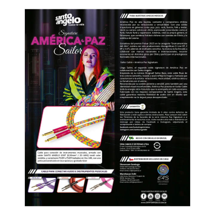 Cable guitarra Santo Angelo TS-TS/L OFHC 4.57m signature América Paz Sailor 3