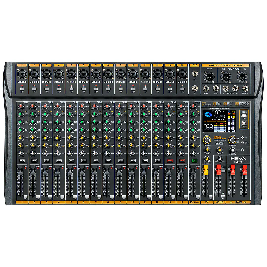 Consola de audio 16 canales Heva Pro Audio con interfaz USB y efectos HDM-16 1
