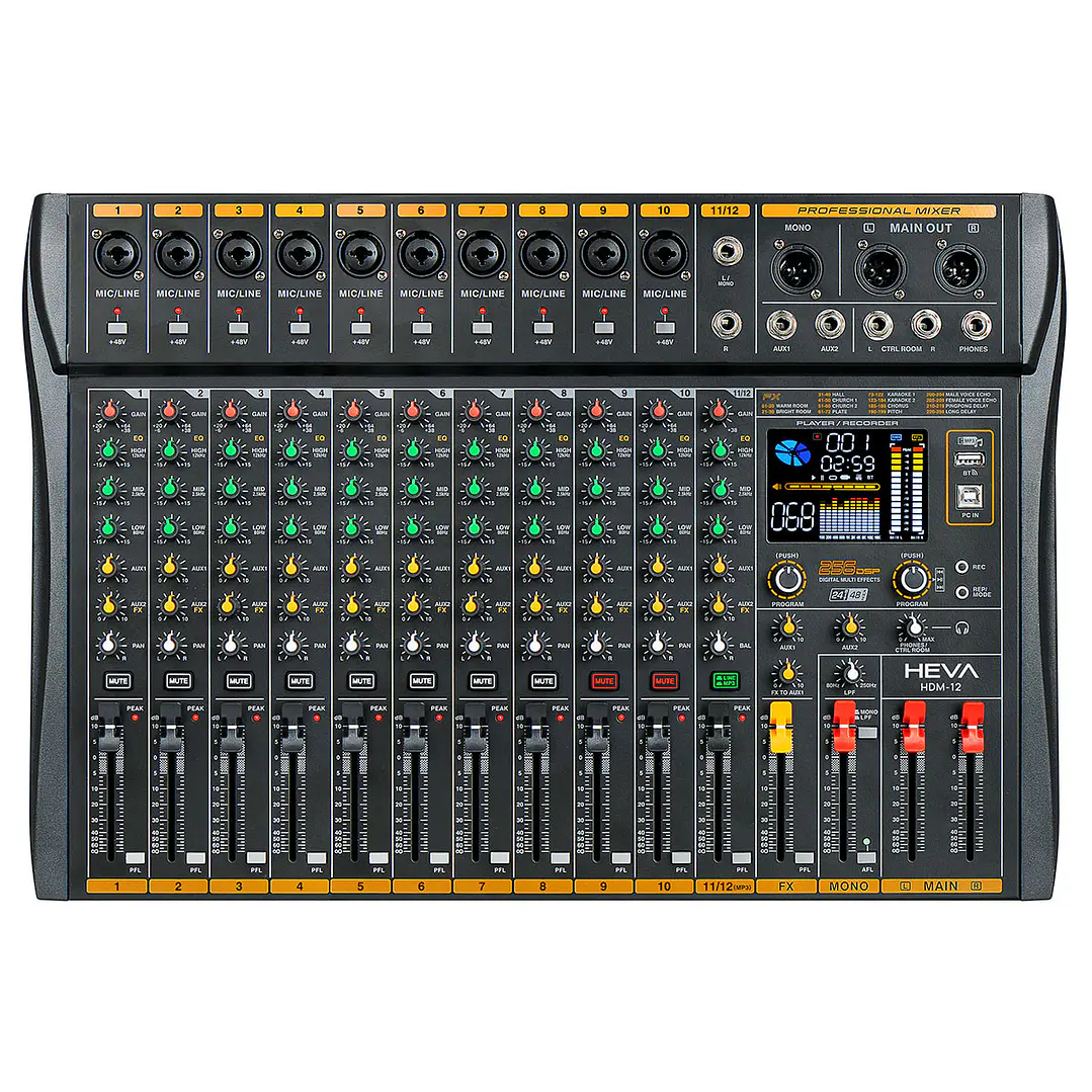 Consola de audio 12 canales Heva Pro Audio con interfaz USB y efectos HDM-12 1