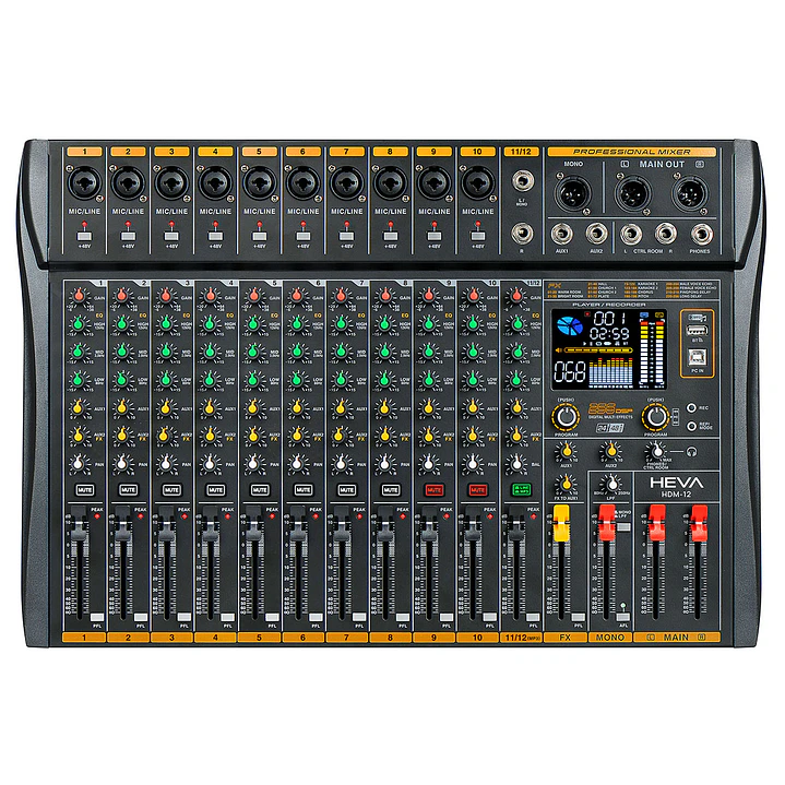Consola de audio 12 canales Heva Pro Audio con interfaz USB y efectos HDM-12 1