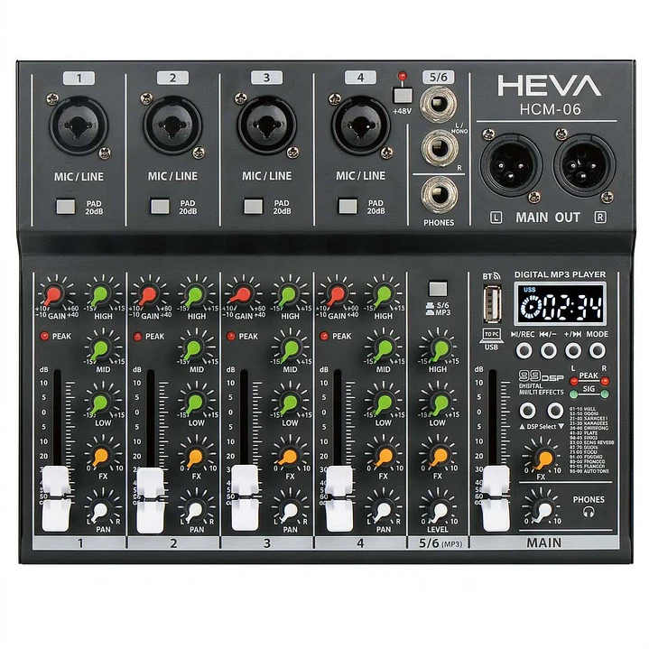 Consola de audio 6 canales Heva Pro Audio con interfaz USB y efectos HDM-6 1