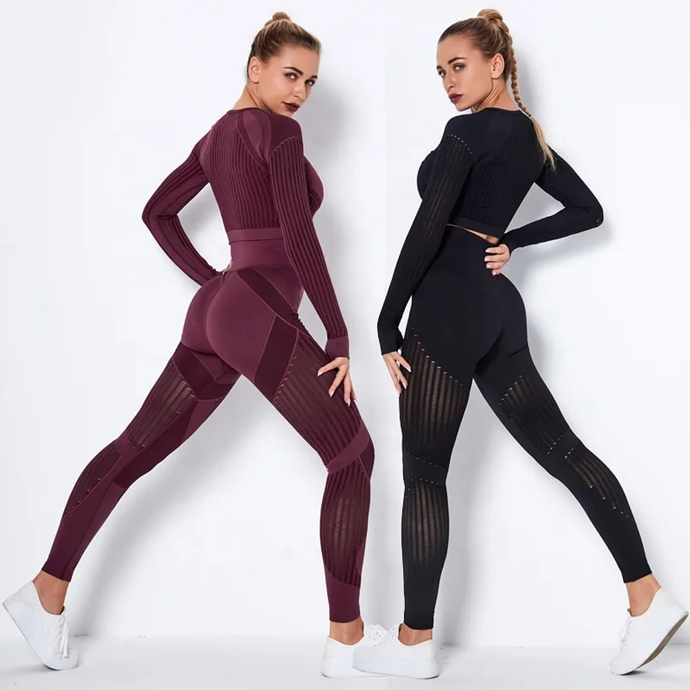 Chándal deportivo de cintura alta sin costuras para mujer,Leggings con realce de trasero, conjunto deportivo 5