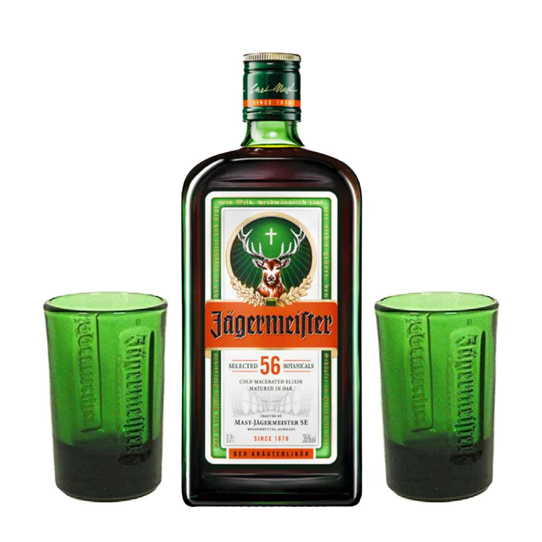 Licor Jagermeister 700cc 35º alc. + 2x Vasos Shot Verdes 2