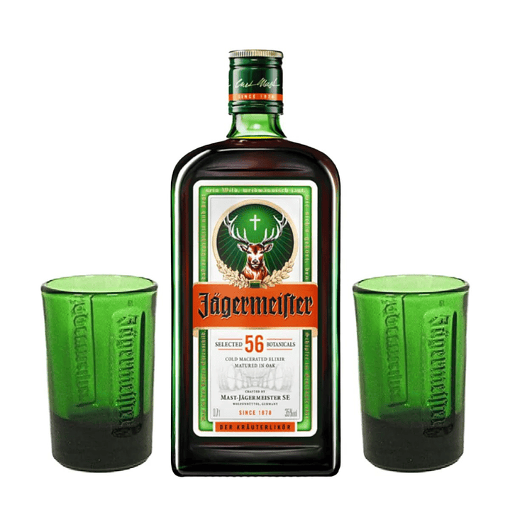 Licor Jagermeister 700cc 35º alc. + 2x Vasos Shot Verdes 2