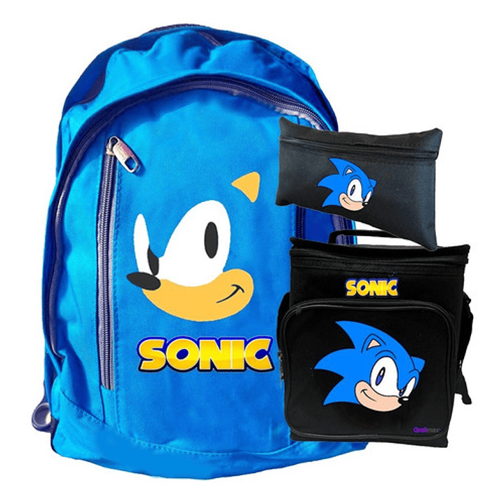 Mochila Azul Sonic Face Pack Lonchera Estuche Negro Grafimax 1