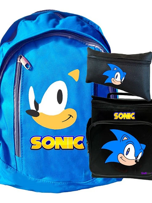 Mochila Azul Sonic Face Pack Lonchera Estuche Negro Grafimax 1
