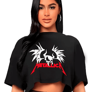 Polera Crop Top Mujer Metallica Skull Alas Oversize Grafimax