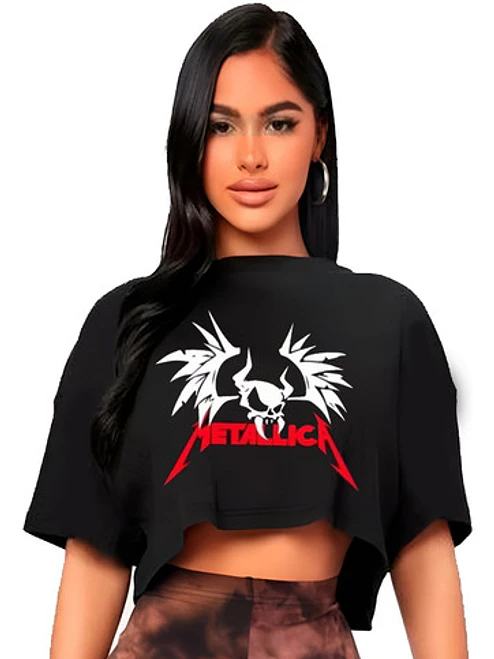 Polera Crop Top Mujer Metallica Skull Alas Oversize Grafimax 1