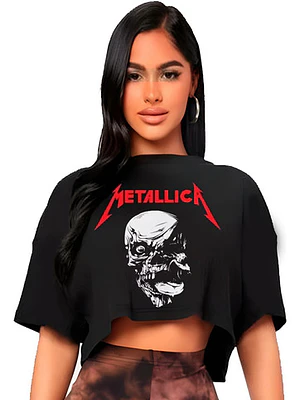 Polera Crop Top Mujer Metallica Calavera Oversize Grafimax