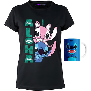 Polera Mujer + Tazón Stitch Y Angel Aloha Grafimax