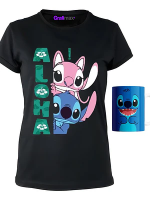 Polera Mujer + Tazón Stitch Y Angel Aloha Grafimax