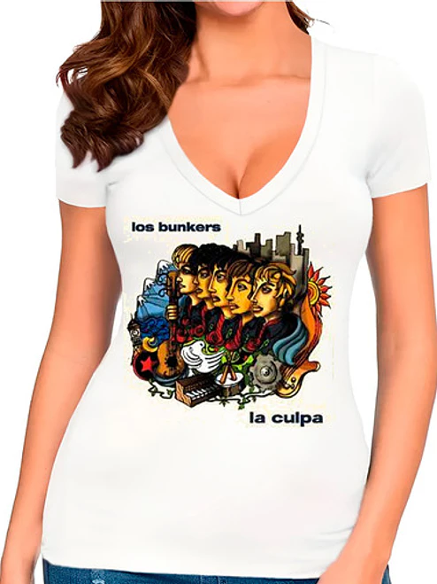 Polera Los Bunkers Ven Aquí­ Nacional Blanca En V Grafimax 3