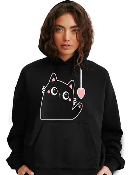 Poleron Mujer Gato Kitty Catmom Negro Oversize Grafimax 1