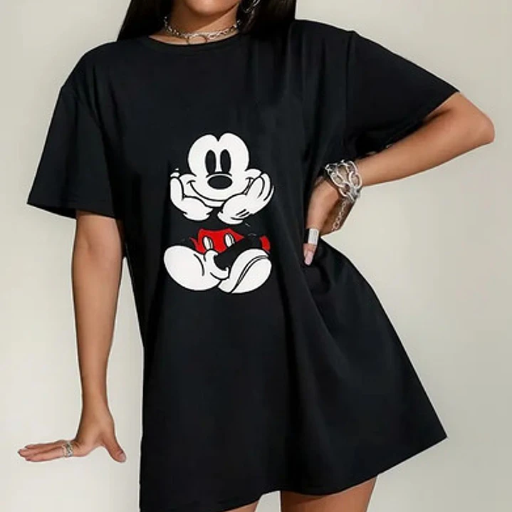 Polera Raton Mickey Seated Oversize Mujer Negra Grafimax 1