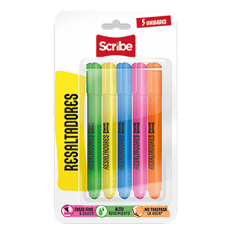 SCRIBE - RESALTADOR UNIPUNTA COLORES (5 UNIDADES) 1