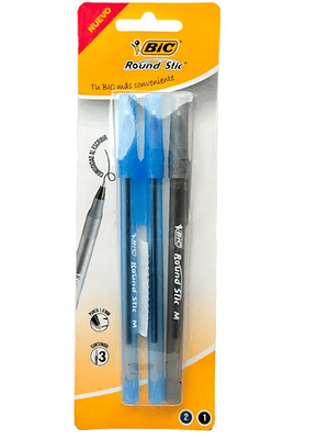 BIC - BOLIGRAFO ROUND STIC PUNTA 1 MM: 2 AZULES Y 1 NEGRO (3 UNIDADES)