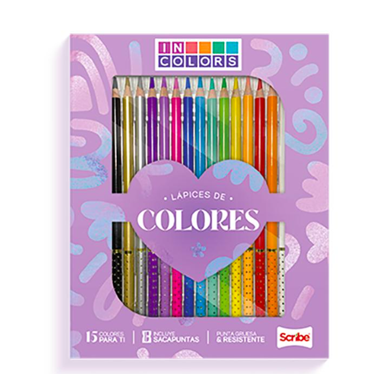 SCRIBE - LAPICES DE COLORES UNIPUNTA (15 UNIDADES) CON SACAPUNTAS  1