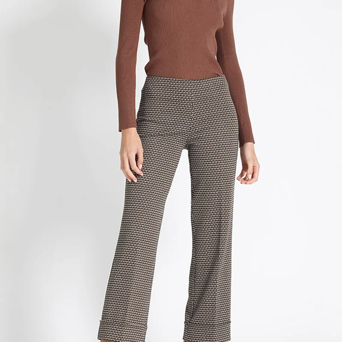 PANTALÓN RECTO JERSEY FANTASÍA, TIRO MEDIO, CAFÉ, COLECCIÓN ITALIA (TALLA XL) 1
