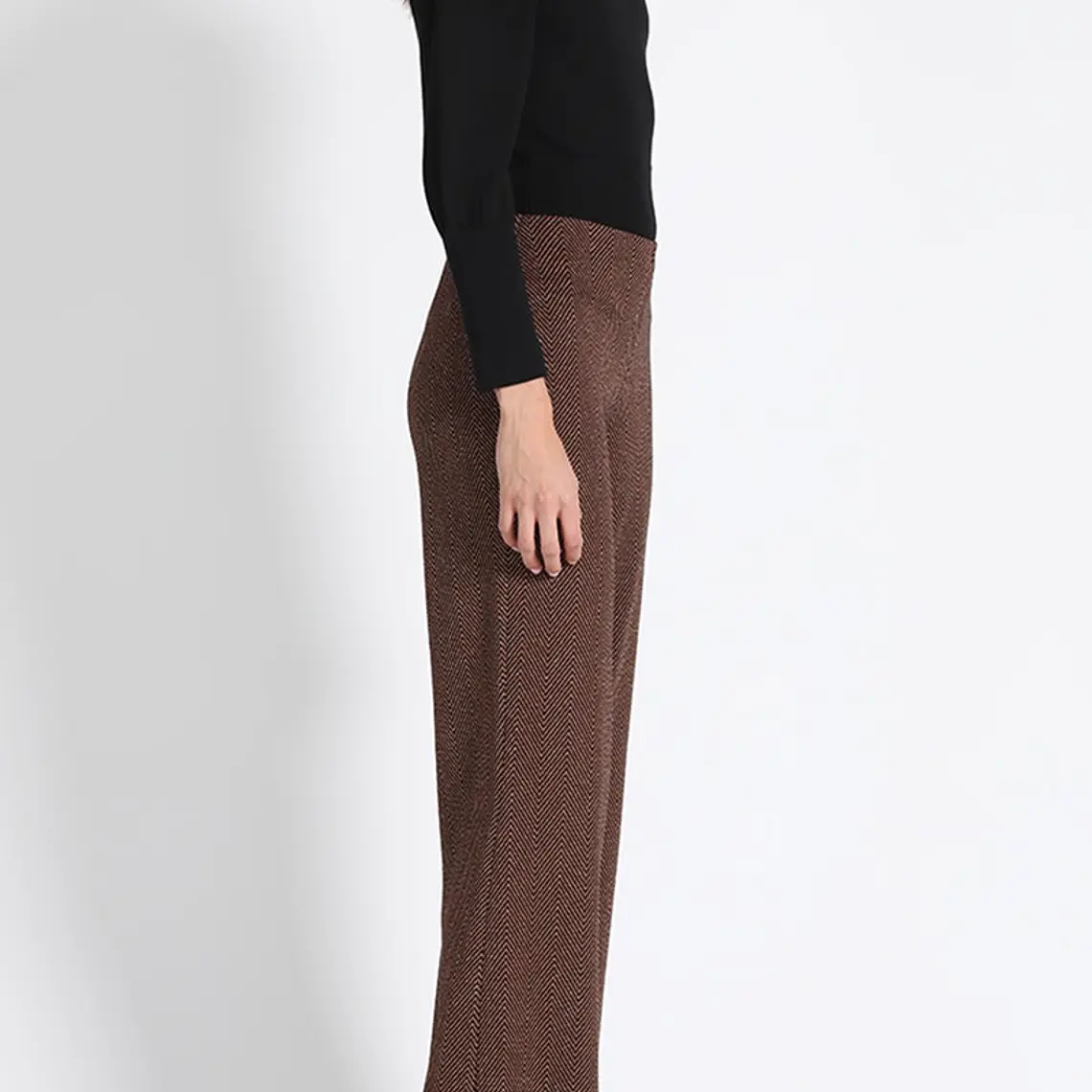 PANTALÓN FLARE JERSEY FANTASÍA LUREX, TIRO MEDIO, CAFÉ, COLECCIÓN ITALIA (TALLA L) 3