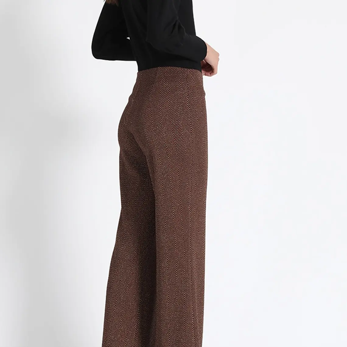 PANTALÓN FLARE JERSEY FANTASÍA LUREX, TIRO MEDIO, CAFÉ, COLECCIÓN ITALIA (TALLA L) 4