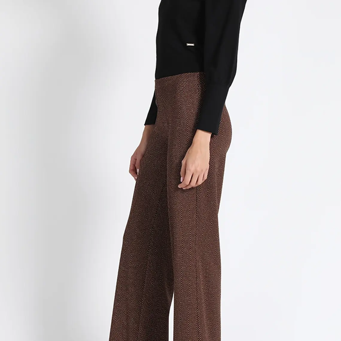 PANTALÓN FLARE JERSEY FANTASÍA LUREX, TIRO MEDIO, CAFÉ, COLECCIÓN ITALIA (TALLA L) 5