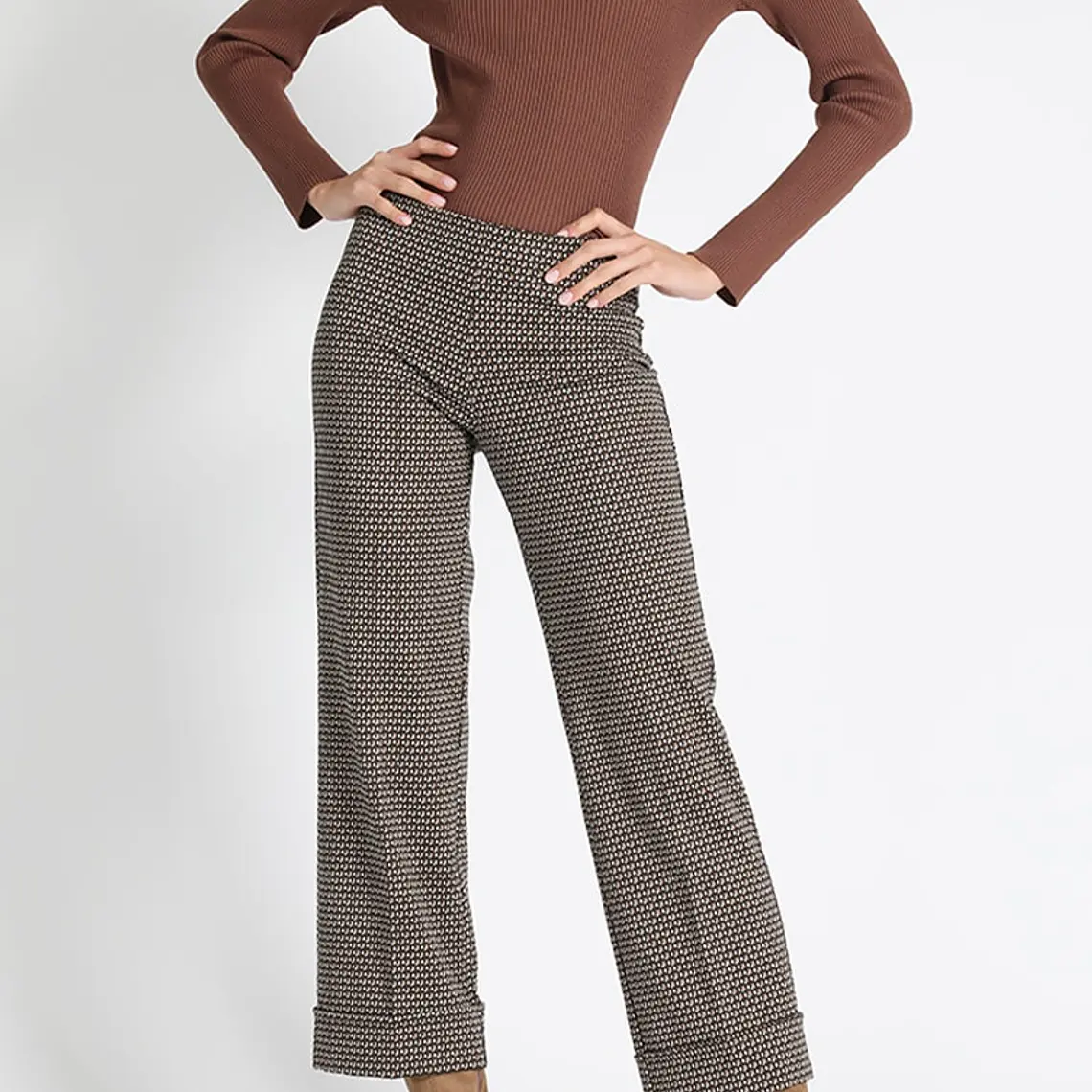 PANTALÓN RECTO JERSEY FANTASÍA, TIRO MEDIO, CAFÉ, COLECCIÓN ITALIA (TALLA XL) 5