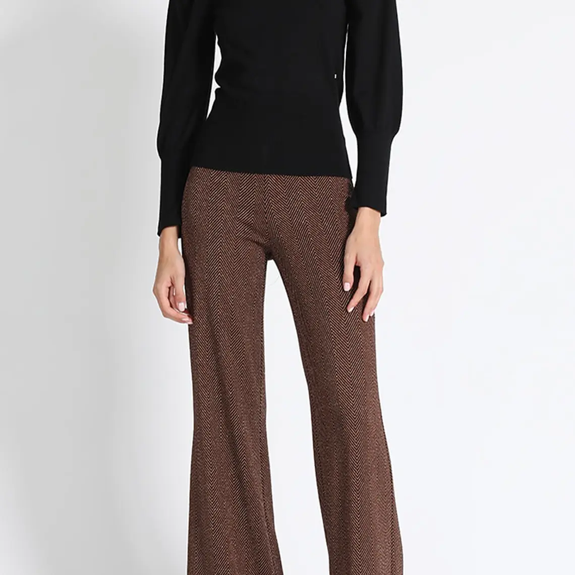 PANTALÓN FLARE JERSEY FANTASÍA LUREX, TIRO MEDIO, CAFÉ, COLECCIÓN ITALIA (TALLA L) 6