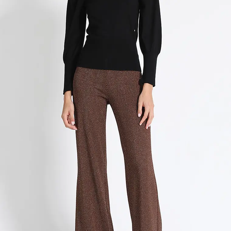 PANTALÓN FLARE JERSEY FANTASÍA LUREX, TIRO MEDIO, CAFÉ, COLECCIÓN ITALIA (TALLA L) 6
