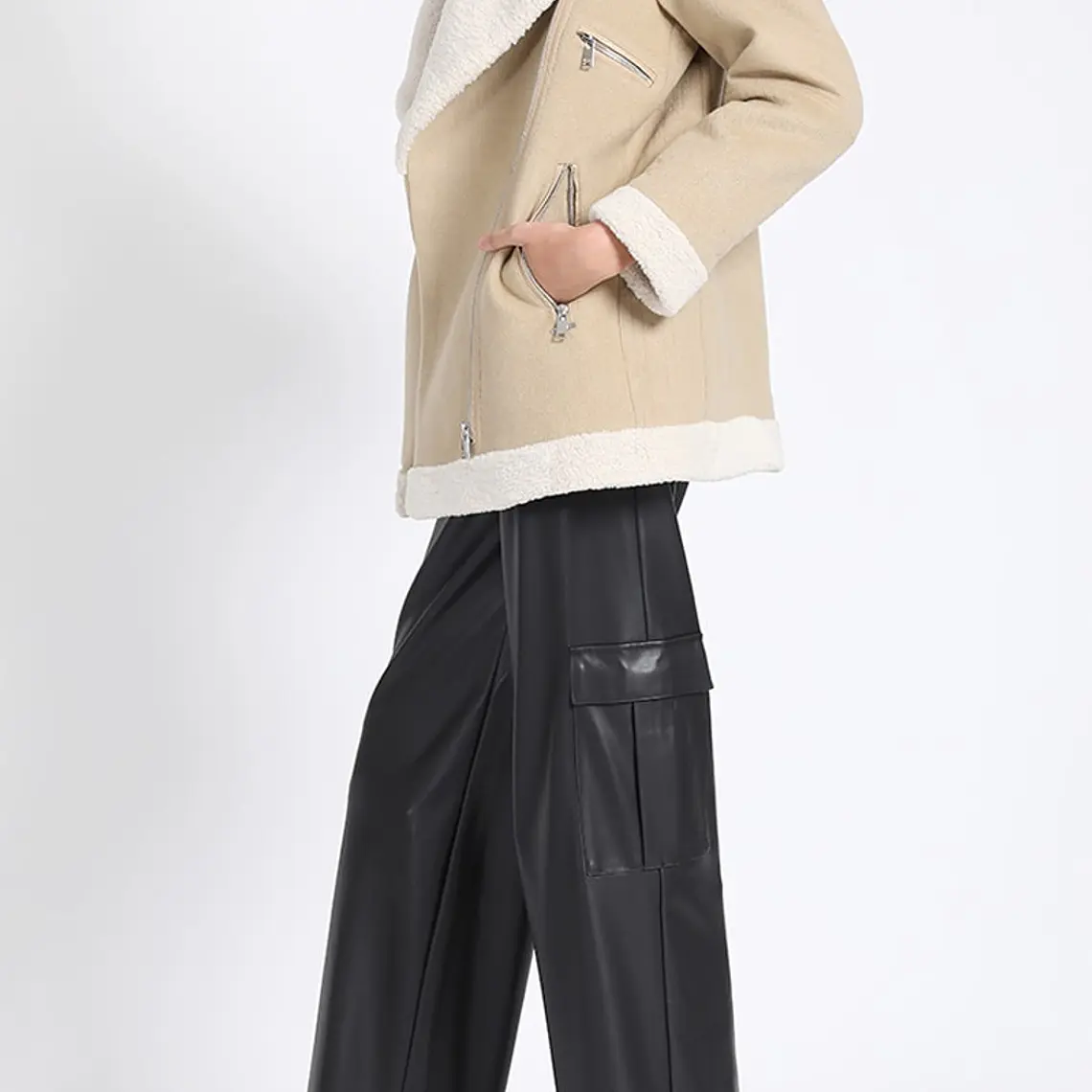 CHAQUETON MOTOQUEO BONDED MUFLON MIX PIEL BEIGE (TALLAS S a L) 3