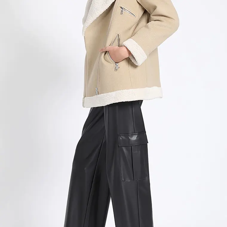 CHAQUETON MOTOQUEO BONDED MUFLON MIX PIEL BEIGE (TALLAS S a L) 3