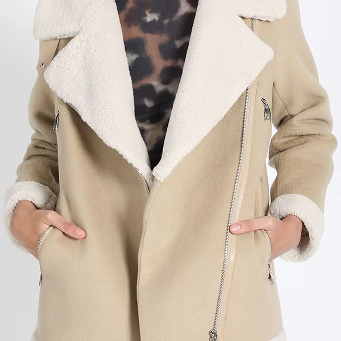 CHAQUETON MOTOQUEO BONDED MUFLON MIX PIEL BEIGE (TALLAS S a L) 4