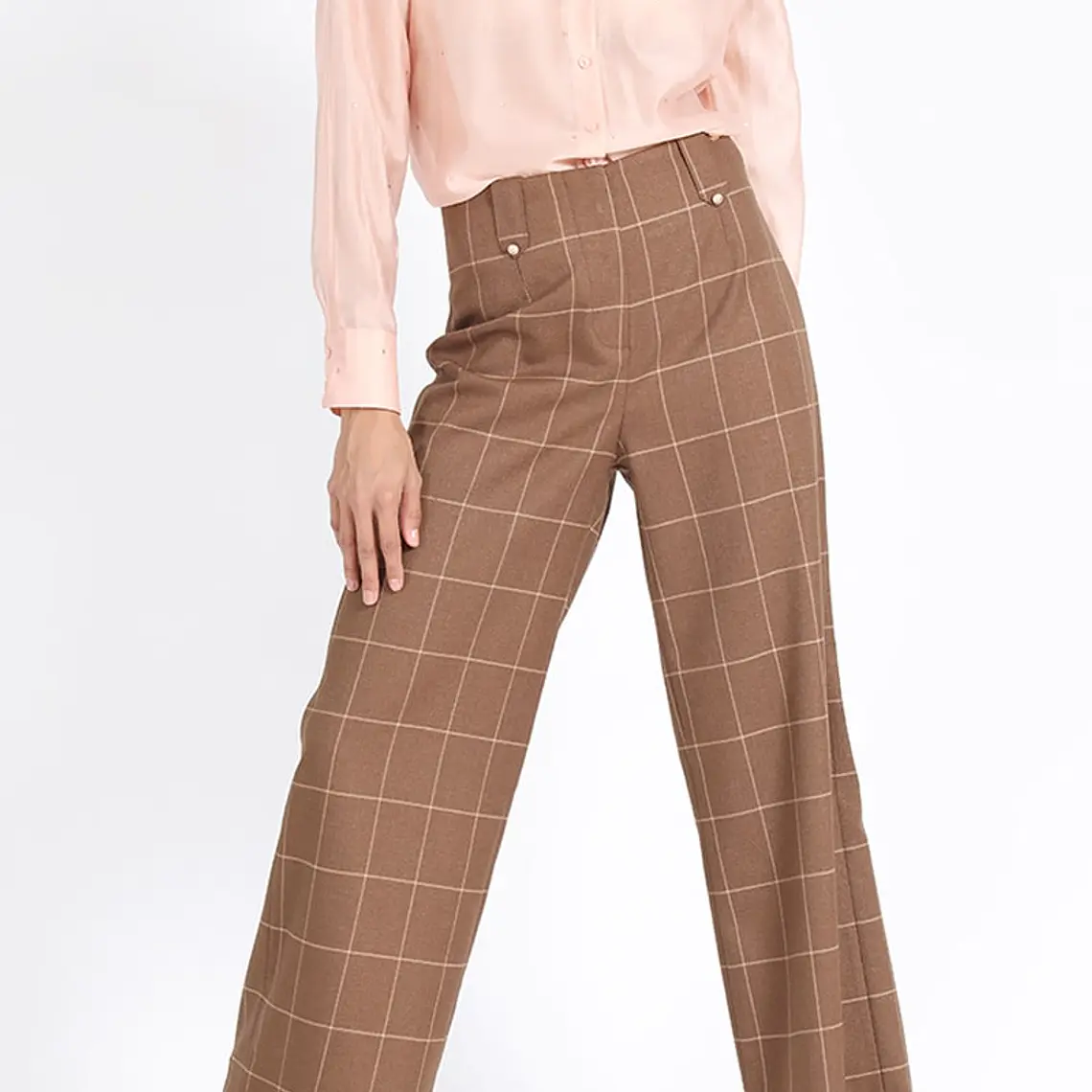 PANTALON ANCHO SIN PRETINA CON PASADORES CUADROS CAFÉ (TALLA 44) 2